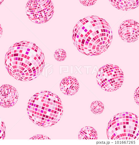 Seamless vector pattern with pink disco balls on wavy yellow background.  Party, celebration psychedelic concept. Stock Vector