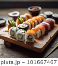 Colorful Sushi Rolls Wooden Tray 101667467