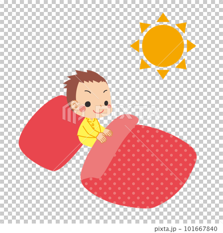朝目が覚めて布団から起き上がる可愛い男の子のイラスト　白背景　クリップアート　ベクター 101667840