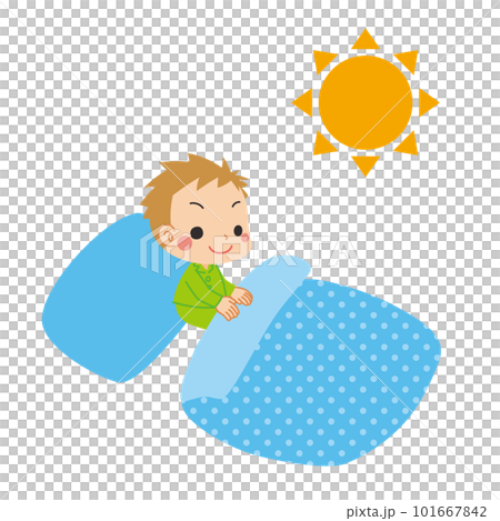 朝目が覚めて布団から起き上がる可愛い男の子のイラスト　白背景　クリップアート　ベクター 101667842