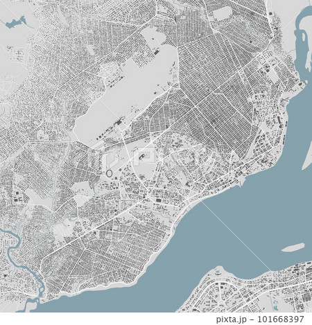 Brazzaville map, capital city of Republic of the Congo. Municipal administrative area map with buildings, rivers and roads, parks and railways. 101668397