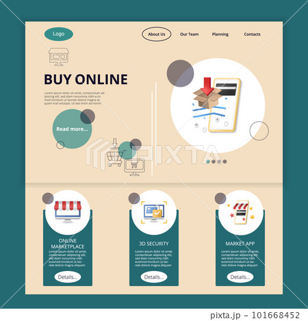 Buy online flat landing page website template. Online marketplace, 3d security, market app. Web banner with header, content and footer. Vector illustration. 101668452