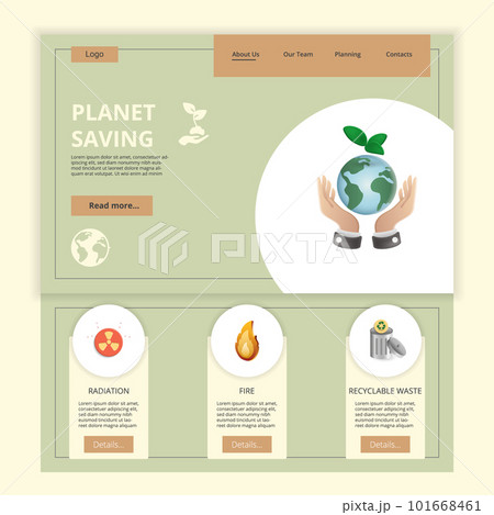Planet saving flat landing page website template. Radiation, fire, recyclable waste. Web banner with header, content and footer. Vector illustration. 101668461