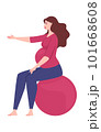 Pregnant woman doing fitness exercises using fitball. Prenatal yoga practice workout with gymnastic ball.  Flat character vector illustration. 101668608
