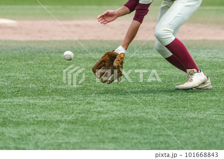 野球の試合中に打球を捕球するセカンドの内野手 野球の試合中に打球を捕球するセカンドの内野手 101668843