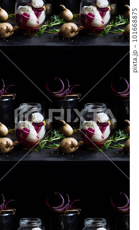 AI generated Jars with pickled vegetables in the kitchen. Preserved food 101668875