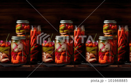 AI generated Jars with pickled vegetables in the kitchen. Preserved food 101668885
