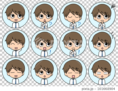 ネクタイの茶髪男性の顔アイコンイラスト12表情セット ネクタイの茶髪男性の顔アイコンイラスト12表情セット 101668904