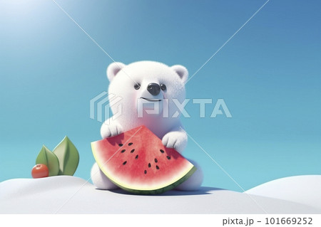 雪の中でスイカを持ったかわいいシロクマ　AI画像 101669252