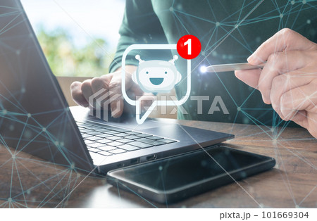 AI chat bot chat with businessman provide smart solution to solving business task. Artificial Intelligence power answer engine offer smart response conversation data to assist user accomplishment. 101669304