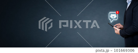 AI chat bot. chat with businessman provide smart solution to solving business task. Artificial Intelligence power answer engine offer smart response. banner. copy space AI chat bot. chat with businessman provide smart solution to solving business task. Artificial Intelligence power answer engine offer smart response. banner. copy space 101669306