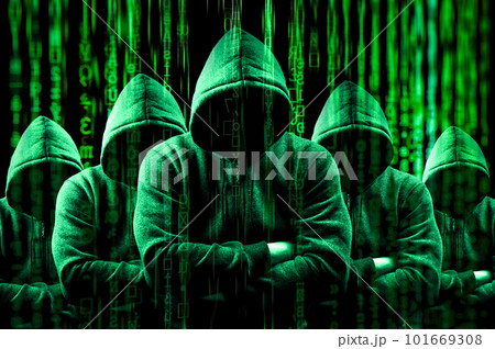 Group of hacker in hoodies. Group of gloomy hackers in hoodies sitting in row and typing on keyboards fastly in server room. Malware, phishing and theft concept. 101669308