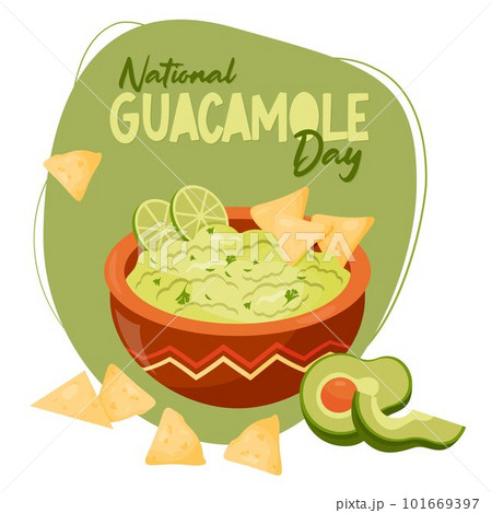 Guacamole. Mexican food. Traditional green sauce guacamole with nachos, avocado and and lime slices. Vector illustration. Colorful poster with Latin American national dish National Guacamole Day. 101669397