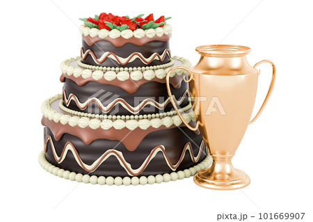 Chocolate Cake with gold trophy cup award, 3D rendering 101669907