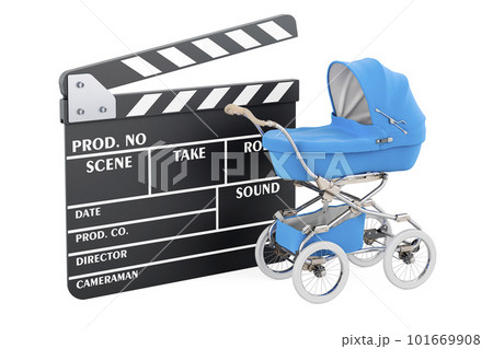 Clapperboard with baby stroller, 3D rendering 101669908