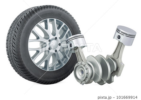Engine pistons with car wheel, 3D rendering 101669914