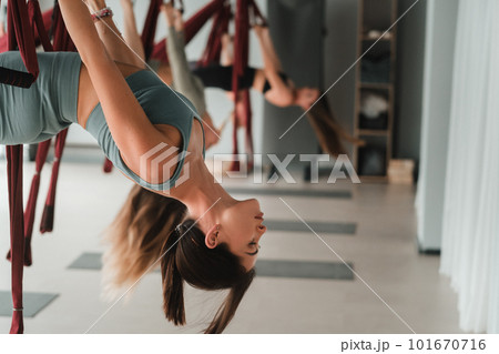 A group of women are hanging upside down on hanging hammocks. Fly yoga in the gym 101670716