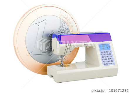 Electronic sewing machine with euro coin. 3D rendering Electronic sewing machine with euro coin. 3D rendering 101671232
