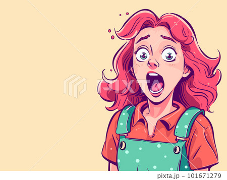 Colorful cartoon character of a young girl with an open mouth showing surprise and excitement. 101671279