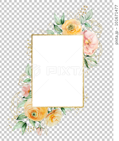 Frame with orange and yellow watercolor flowers and green leaves, isolated wedding illustration 101671477