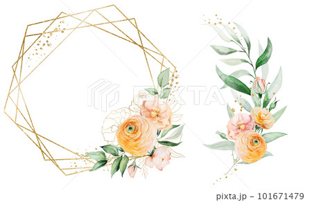 Frame and bouquet made with orange and yellow watercolor flowers, isolated wedding illustration Frame and bouquet made with orange and yellow watercolor flowers, isolated wedding illustration 101671479