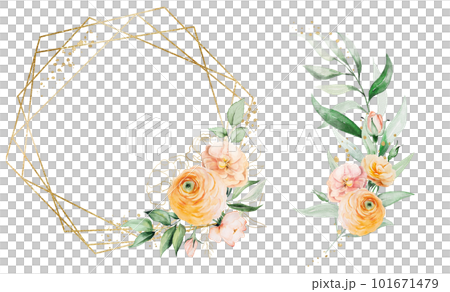 Frame and bouquet made with orange and yellow watercolor flowers, isolated wedding illustration 101671479