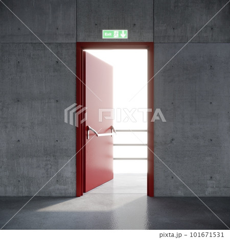 Fire exit red door in concrete sapce building. 3d rendering Fire exit red door in concrete sapce building. 3d rendering 101671531