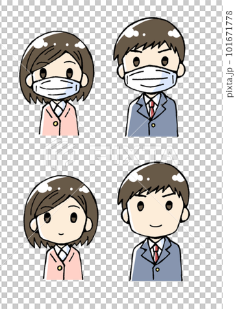 Illustration of men and women with and without masks Illustration of men and women with and without masks 101671778
