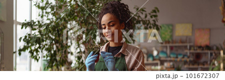 Young woman florist wearing apron taking care of plant in floral studio 101672307