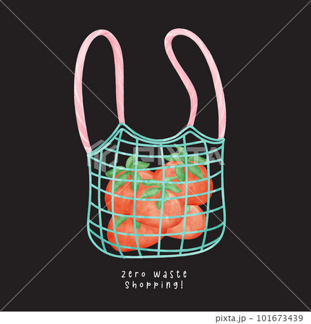 An eco friendly shopping bag full of fresh tomatoes watercolor hand drawing illustration. Zero waste shfopping, isolated on black background. An eco friendly shopping bag full of fresh tomatoes watercolor hand drawing illustration. Zero waste shfopping, isolated on black background. 101673439