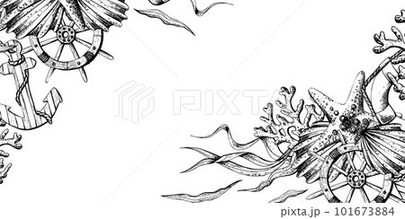 Marine animals with anchor, rudder and lifebuoy. Illustration of hand drawn graphics, vector in EPS format. Template, frame on white background. Marine animals with anchor, rudder and lifebuoy. Illustration of hand drawn graphics, vector in EPS format. Template, frame on white background. 101673884