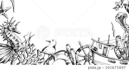 Marine animals with a fishing boat, a steering wheel and a life buoy. Illustration of hand drawn graphics, vector in EPS format. Template, frame on a white background. Marine animals with a fishing boat, a steering wheel and a life buoy. Illustration of hand drawn graphics, vector in EPS format. Template, frame on a white background. 101673897