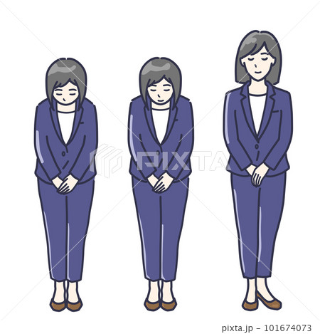 お辞儀をするパンツスーツ姿の女性イラストセット 全身 お辞儀をするパンツスーツ姿の女性イラストセット 全身 101674073