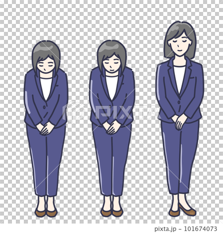 お辞儀をするパンツスーツ姿の女性イラストセット 全身 お辞儀をするパンツスーツ姿の女性イラストセット 全身 101674073