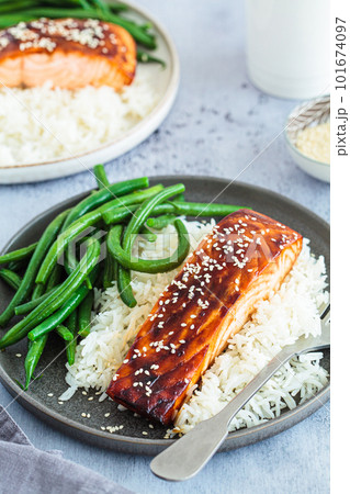 Teriyaki salmon with green beans and rice. Asian cuisine recipe. 101674097