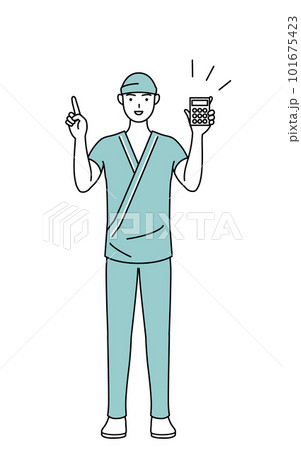 電卓を持って指さす男性入院患者 101675423