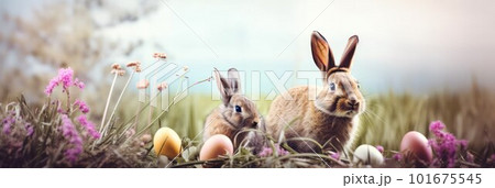 Easter picture with a cute bunny and Easter eggs in the grass on a sunny day Easter picture with a cute bunny and Easter eggs in the grass on a sunny day 101675545
