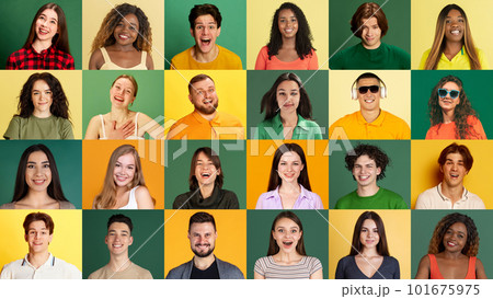 Collage of large group of ethnically diverse smiling people, men and women expressing happy, joyful emotions over green and yellow background. Multiracial society Collage of large group of ethnically diverse smiling people, men and women expressing happy, joyful emotions over green and yellow background. Multiracial society 101675975