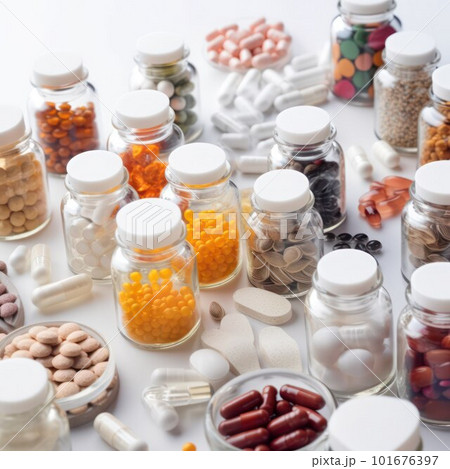 Lots of pills, pills and nutritional supplements on a white table 101676397