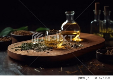 olive oil with herbs on a wooden board on a dark background 101676706