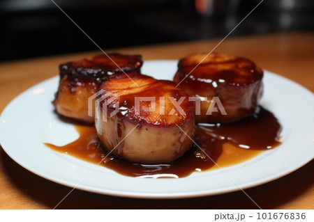 grilled sea scallops served on a plate on a white plate with sauce  101676836