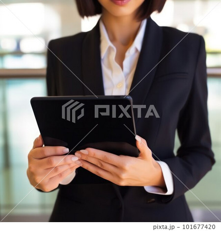 Mockup image of female hands holding and using black tablet  101677420