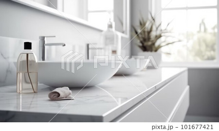 Bottle of hand soap in a white modern bathroom 101677421