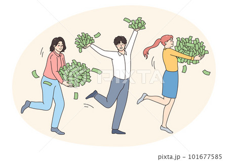 Happy people run with piles of money 101677585