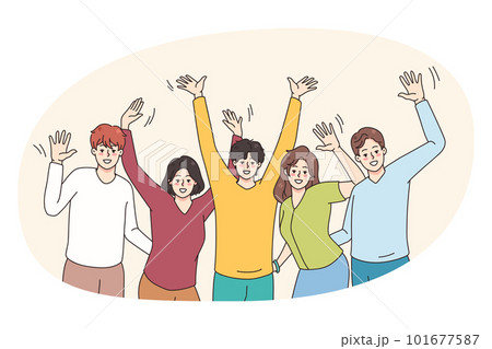 Happy young people raise hands have fun together 101677587