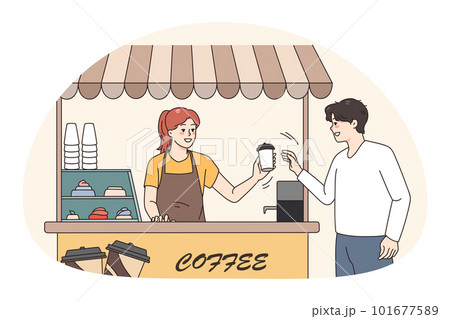 Smiling man get takeaway coffee from street cafe 101677589