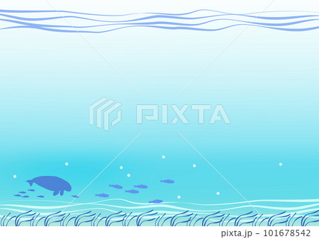 青い海の背景。アマモ場の上を泳ぐジュゴンと稚魚の群れのシルエット。 101678542