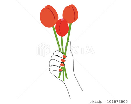 赤いマニキュア(ネイル)をした上品な手で赤いチューリップを持ち相手にメッセージを贈るイラスト 101678606