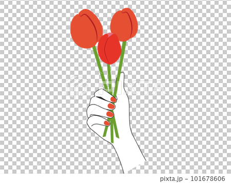 赤いマニキュア(ネイル)をした上品な手で赤いチューリップを持ち相手にメッセージを贈るイラスト 101678606