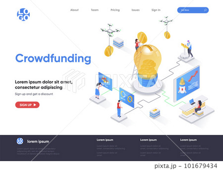 Crowdfunding isometric landing page. Investment into idea or business startup isometry web page. Crowdfunding platform for money donation website template. Vector illustration Crowdfunding isometric landing page. Investment into idea or business startup isometry web page. Crowdfunding platform for money donation website template. Vector illustration 101679434